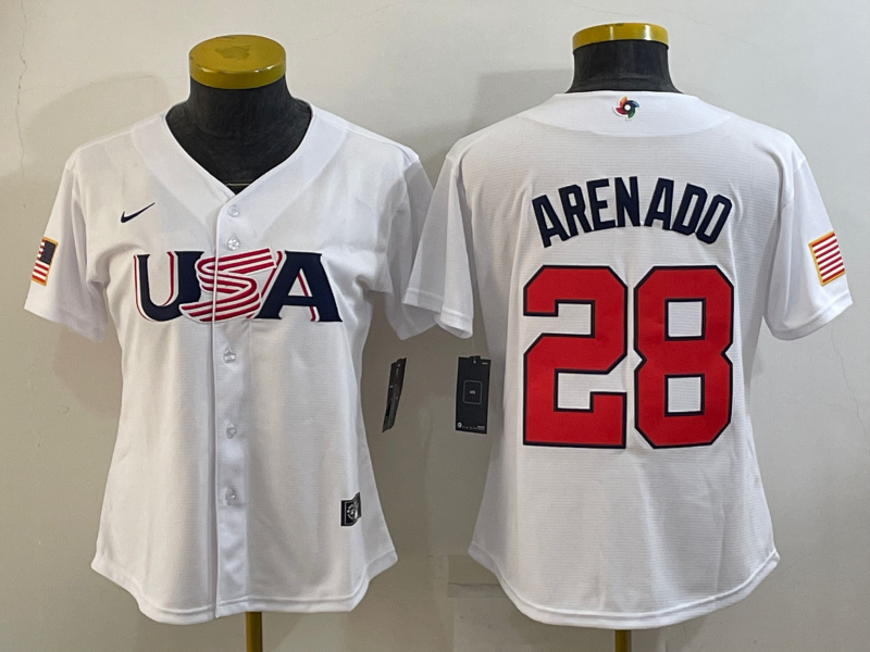 Women's White USA Baseball #28 Nolan Arenado 2023 World Baseball Classic Stitched Jersey(Run Small)